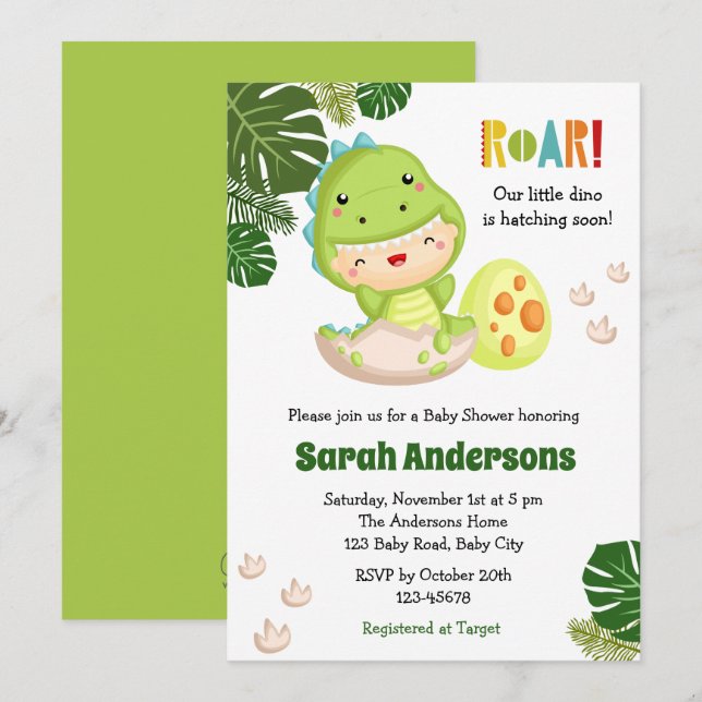 Dinosaur Baby Douche Invitations ROAR mignonne Din (Devant / Derrière)