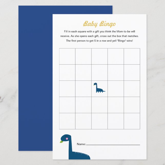 Dinosaur Baby shower Game Bingo Activity (Front/Back)