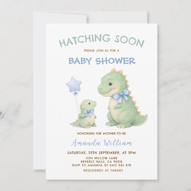 Dinosaur Baby Shower invitation Hatching Soon (Front)