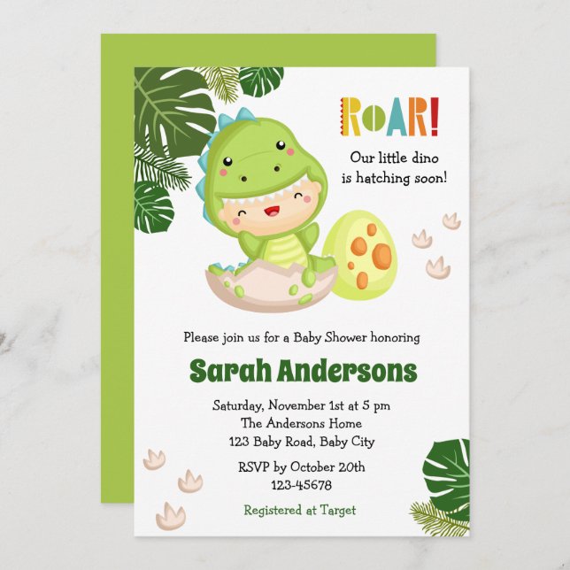 Dinosaur Baby Shower Invitations ROAR Cute Dino (Front/Back)
