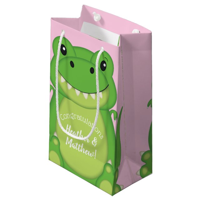 Dinosaur Baby Shower T-Rex Pink Girl Small Gift Bag (Front Angled)