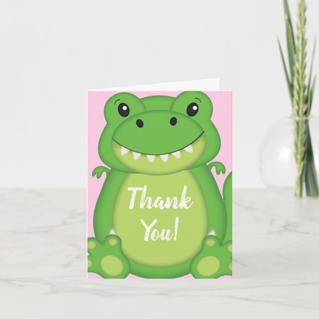 Dinosaur Baby Shower T-Rex Pink Girl Thank You Card (Front)