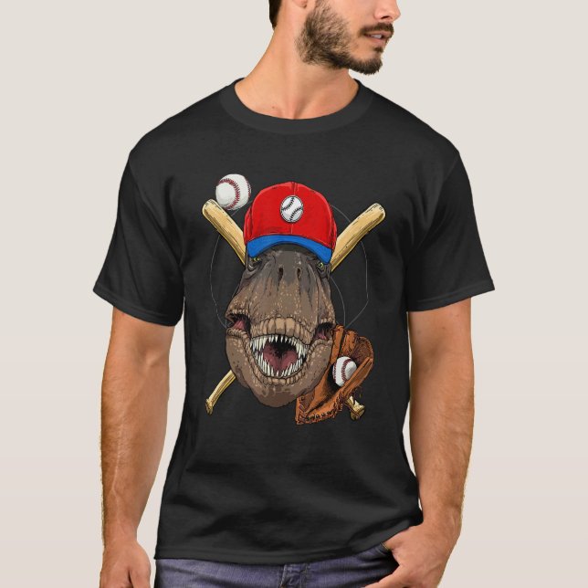 Dinosaur Baseball Player Rex Pitcher Catcher Coach T-Shirt (Front)