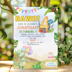 Dinosaur Birthday 4th for Boys   Rawr Dinosaur  Invitation