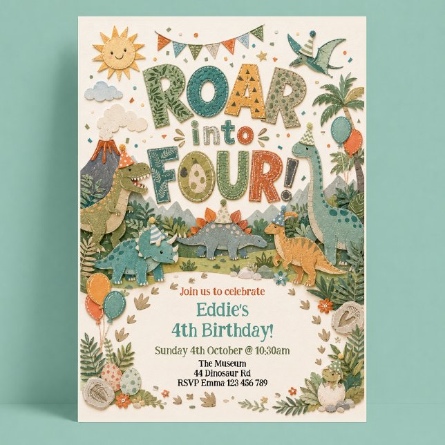 Dinosaur Birthday 4th Roar into Four  Invitation (Creator Uploaded)