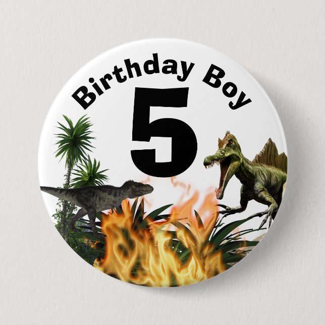 Dinosaur birthday boy age t-rex flames palm 3 inch round button (Front)