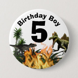 Dinosaur birthday boy age t-rex flames palm 3 inch round button