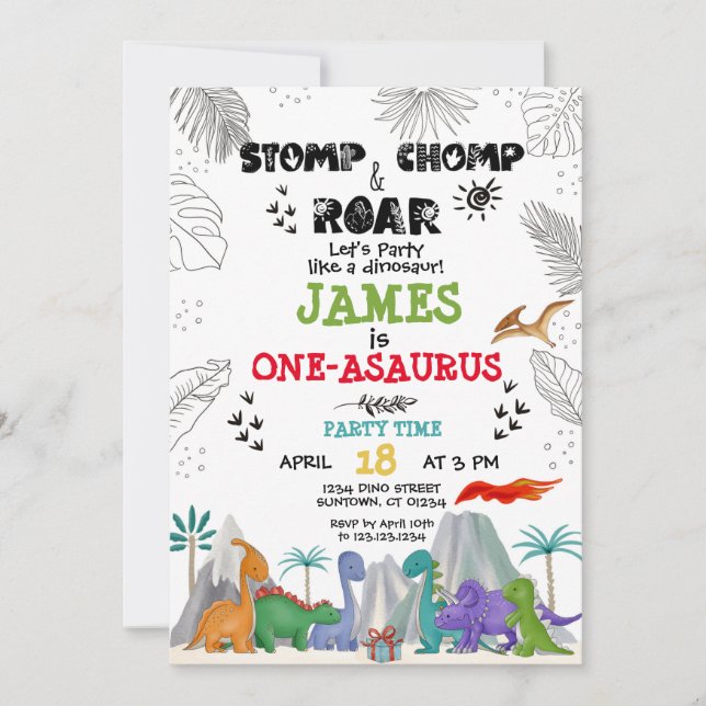 Dinosaur Birthday Boy Girl watercolor colourful  I Invitation (Front)