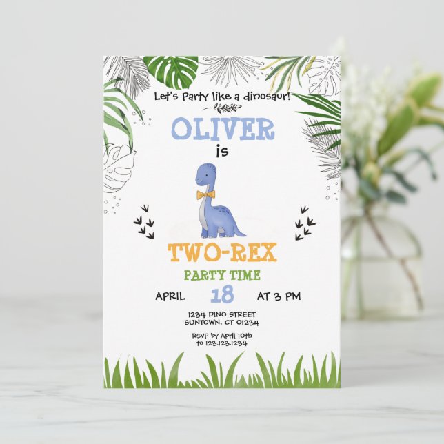 Dinosaur Birthday Boy watercolor violet yellow Invitation (Standing Front)