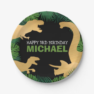 Dinosaur Birthday Dino Trex Prehistoric Gold Kids Paper Plate