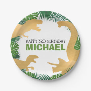 Dinosaur Birthday Gold Dino Trex Boy Kids Paper Plate