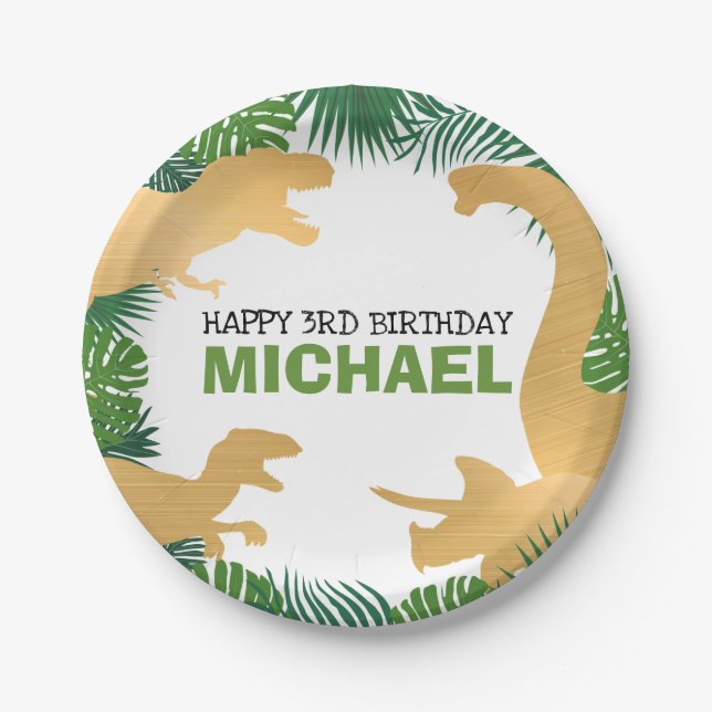 Dinosaur Birthday Gold Dino Trex Boy Kids Paper Plate (Front)