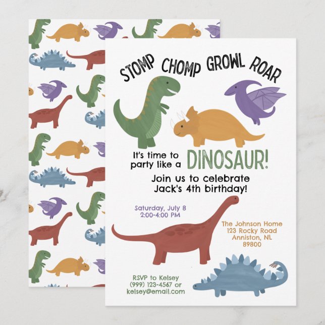 Dinosaur Birthday Invitation (Devant / Derrière)