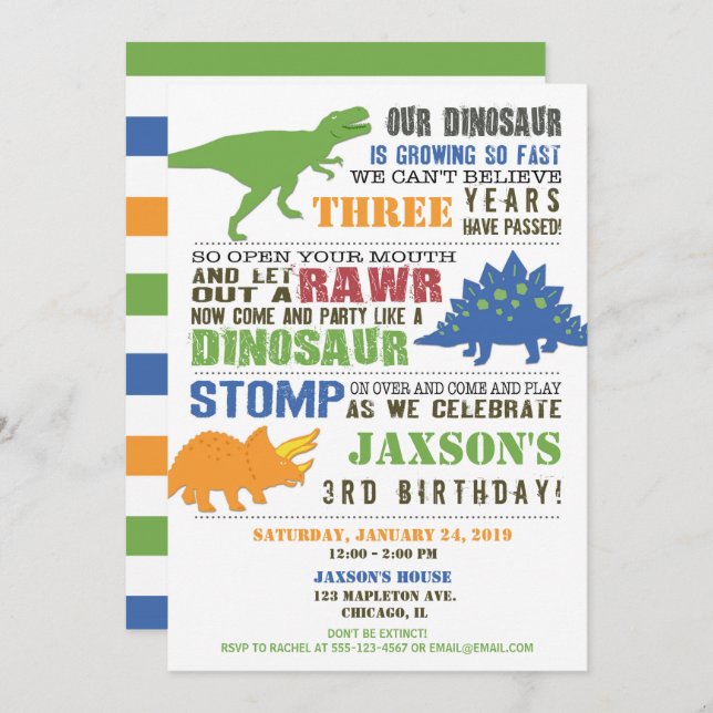 Dinosaur birthday invitation boy green blue orange (Front/Back)