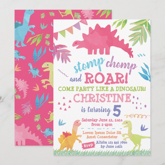 Dinosaur Birthday Invitation for Girl (Front/Back)