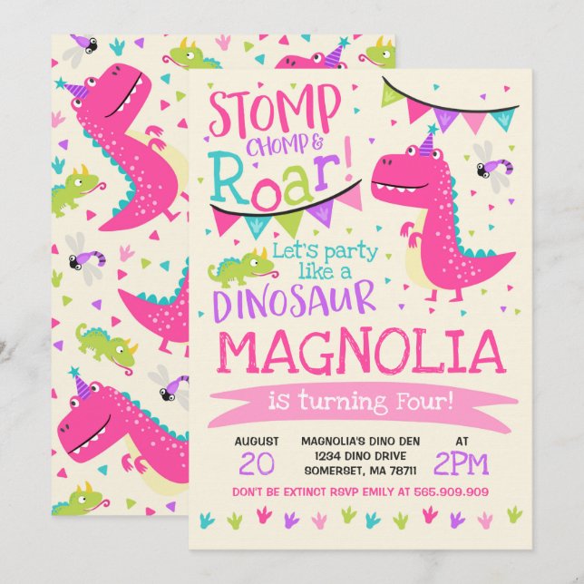 Dinosaur Birthday Invitation Girl Dinosaur Party (Front/Back)