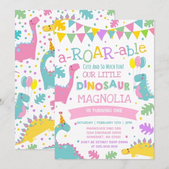 Dinosaur Birthday Invitation Girl Dinosaur Party (Front/Back)