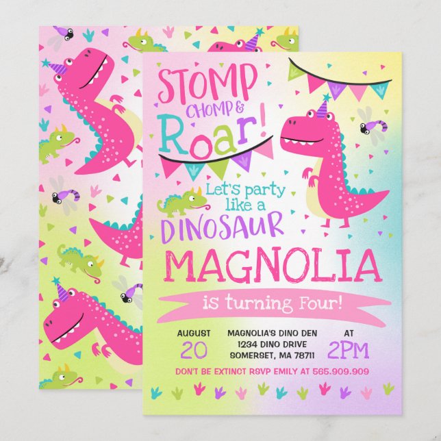 Dinosaur Birthday Invitation Girl Dinosaur Party (Front/Back)