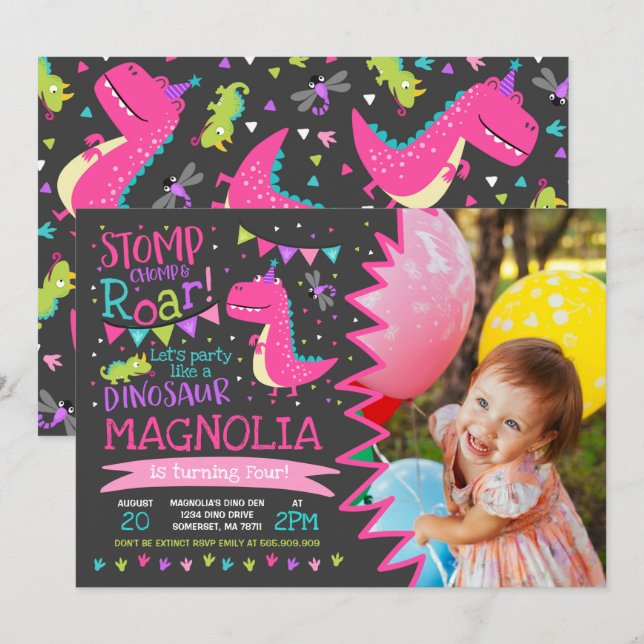 Dinosaur Birthday Invitation Girl Dinosaur Party (Front/Back)