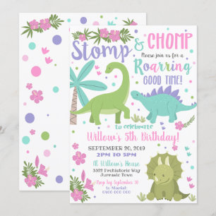 Dinosaur Birthday Invitation Girl Pink Dinosaur