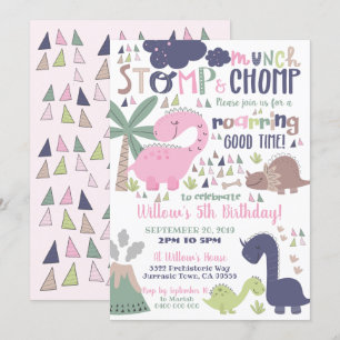 Dinosaur Birthday Invitation Girl Pink Dinosaur