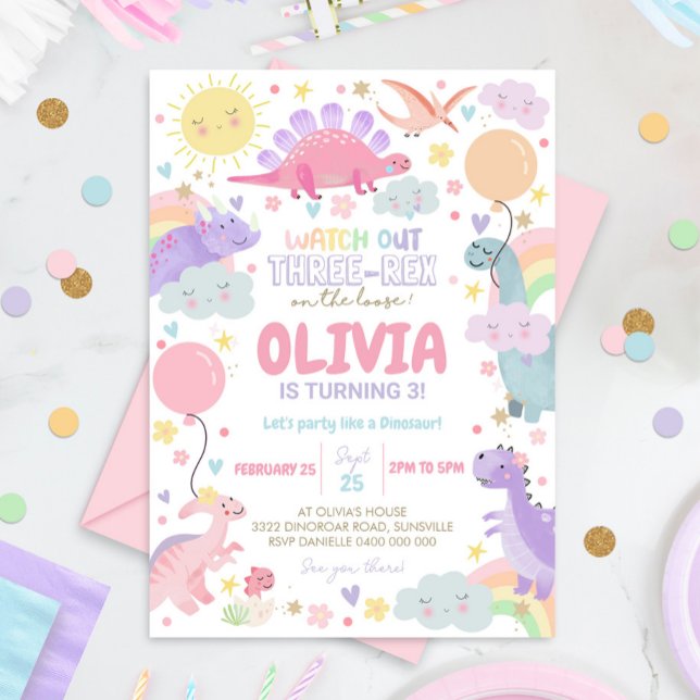DINOSAUR BIRTHDAY Invitation Girl Three Rex (Watch out Three Rex is on the loose! Girl Dinosaur 3rd Birthday Invitation)
