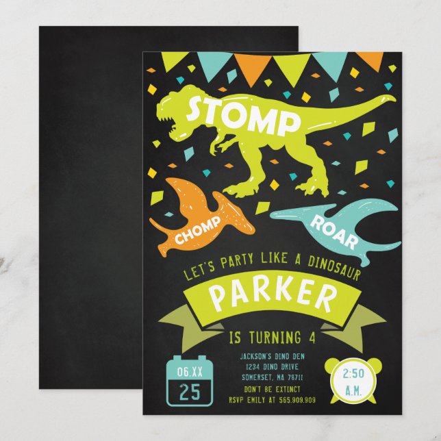 Dinosaur Birthday Invitation Modern Chalkboard (Front/Back)