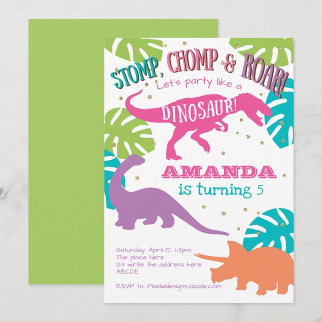Dinosaur Birthday Invitation, Pink, Girl Birthday Invitation (Front/Back)
