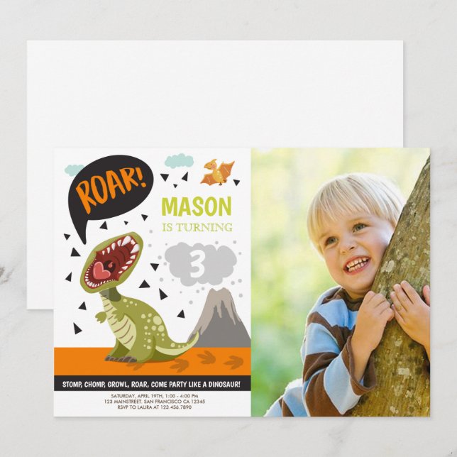 Dinosaur Birthday Invitation ROAR Dino Stomp Chomp (Front/Back)