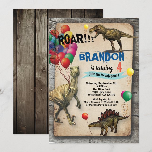 Dinosaur birthday invitation rustic realistic (Front/Back)