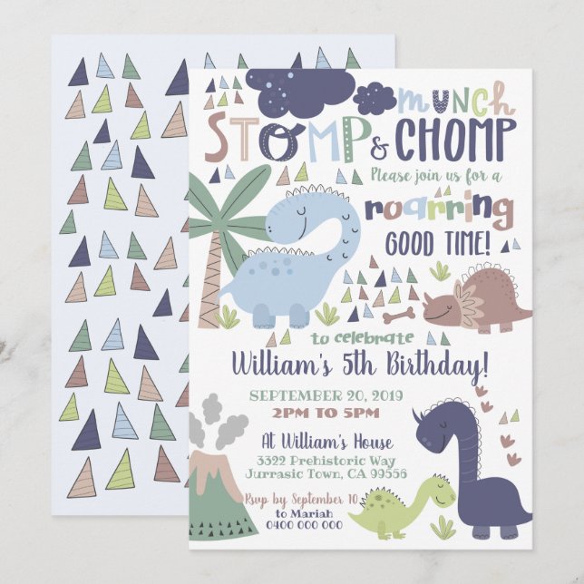 Dinosaur Birthday Invitation Stomp and Chomp (Front/Back)