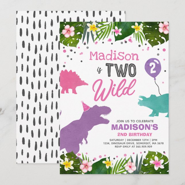 Dinosaur Birthday Invitation Two Wild Dinosaur Par (Devant / Derrière)