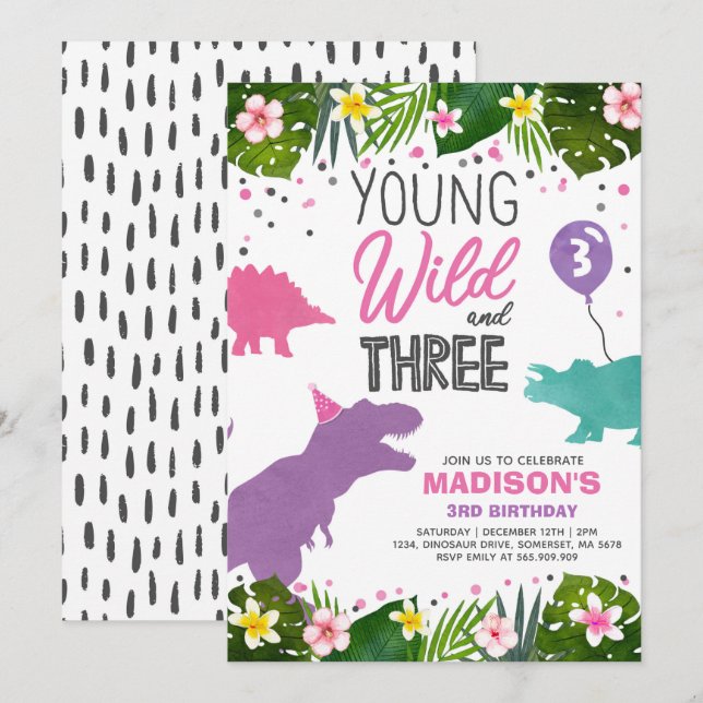 Dinosaur Birthday Invitation Wild Et Three Dino Pa (Devant / Derrière)