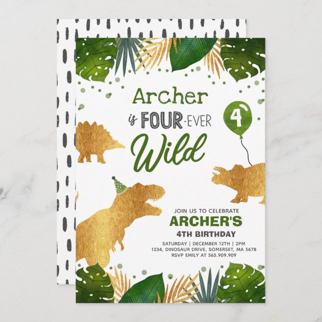 Dinosaur Birthday Invite Four Ever Wild Dino Party (Front/Back)