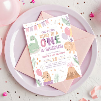 Dinosaur Birthday Invite One. Pink Cute Baby Dino