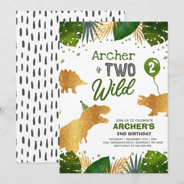 Dinosaur Birthday Invite Two Wild Dinosaur Party (Front/Back)