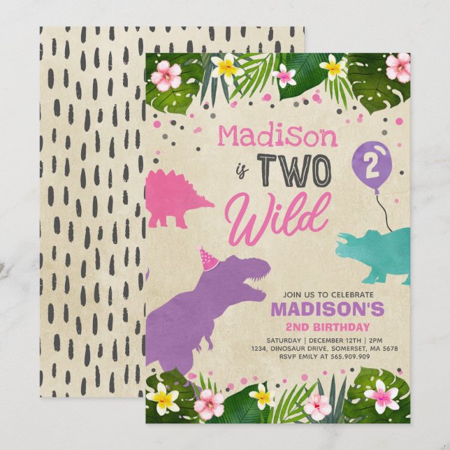 Dinosaur Birthday Invite Two Wild Dinosaur Party (Front/Back)