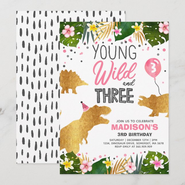 Dinosaur Birthday Invite Wild And Three Dino Party (Front/Back)
