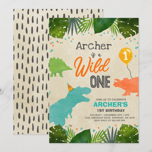 Dinosaur Birthday Invite Wild One Dinosaur Party (Front/Back)