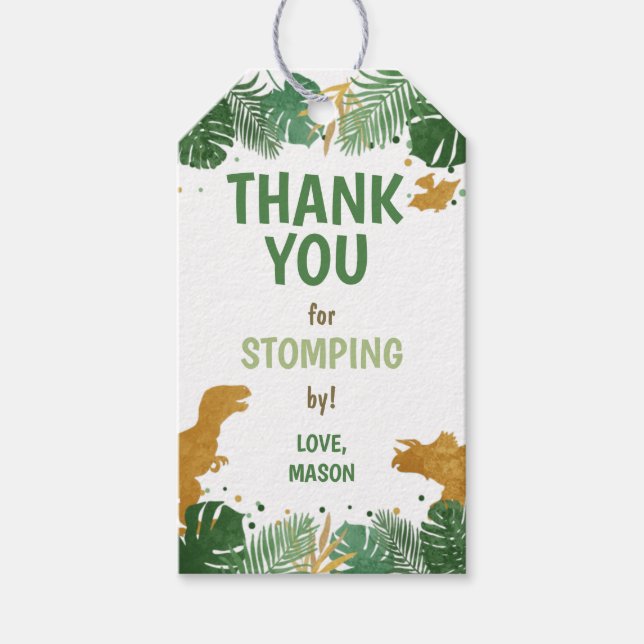 Dinosaur Birthday Labels Boy Dino Party Green Gold (Front)