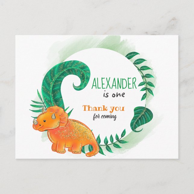 Dinosaur Birthday | Orange Triceratops Thank You Postcard (Front)