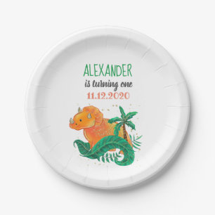 Dinosaur Birthday Party Cute Orange Triceratops Paper Plate