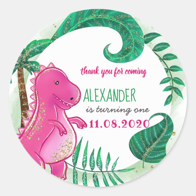Dinosaur Birthday Party Cute T-Rex Pink Thank You Classic Round Sticker (Front)