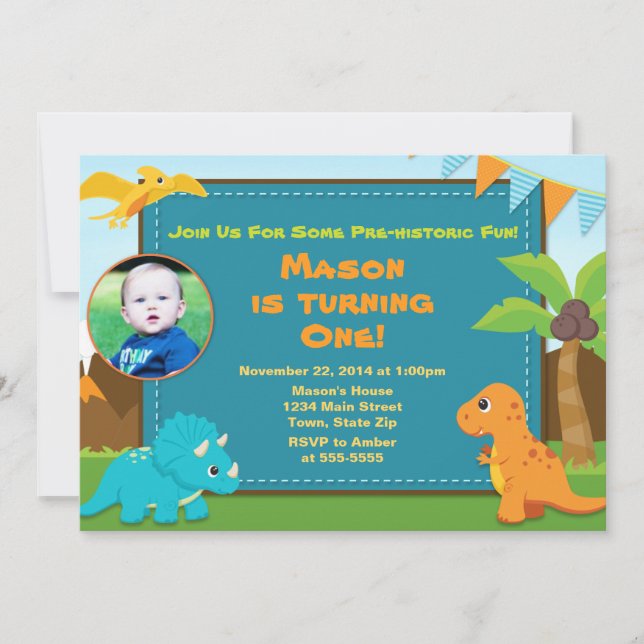 Dinosaur Birthday Party Invitation 1st Birthday (Front)