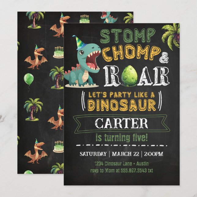 Dinosaur Birthday Party Invitation Chomp Roar (Front/Back)