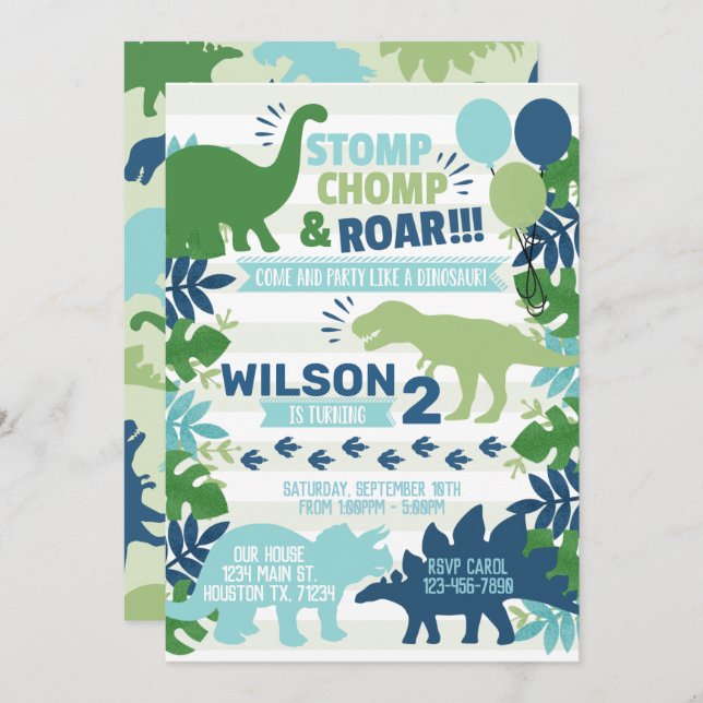 Dinosaur Birthday Party Invitation Invite (Front/Back)