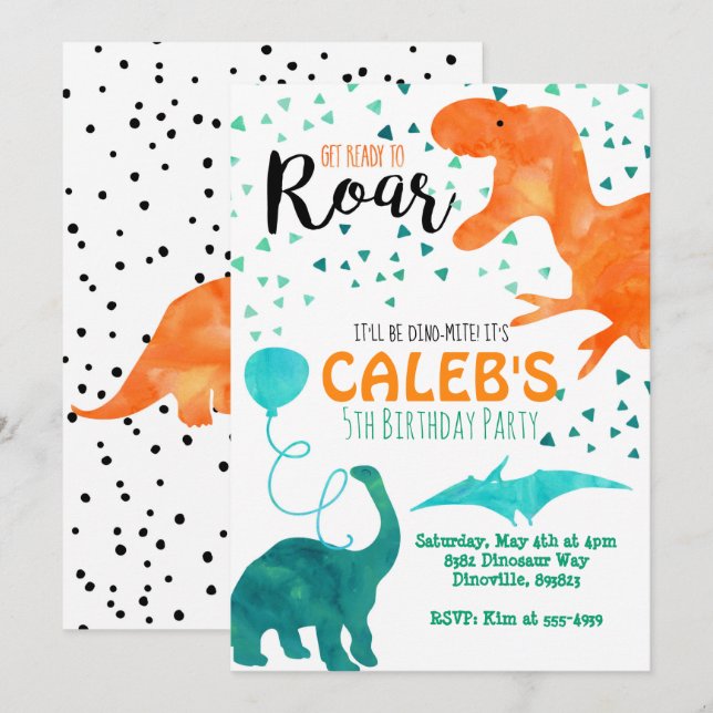 Dinosaur birthday party invitation watercolor (Front/Back)