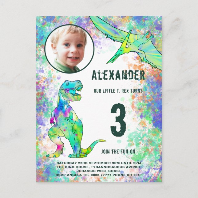 Dinosaur Birthday Party Photo Modern Invitation Postcard (Front)
