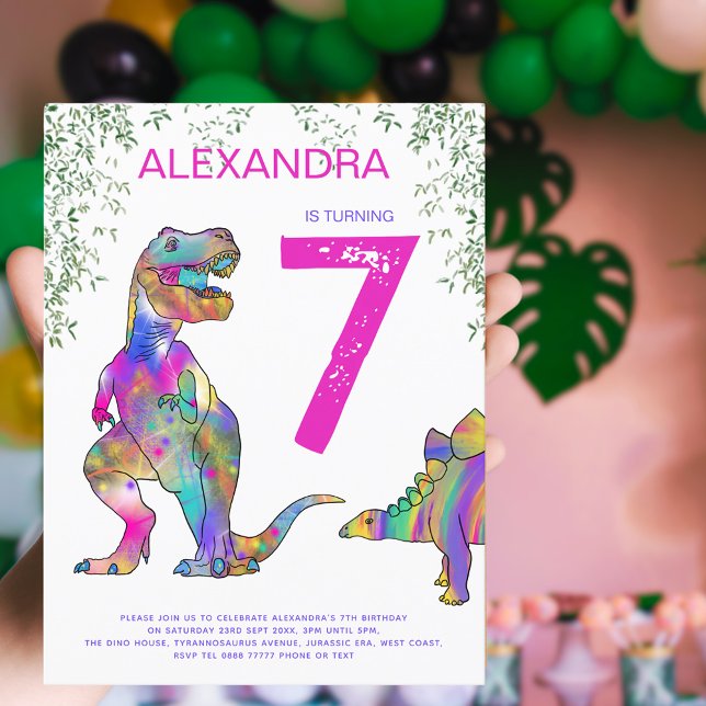 Dinosaur Birthday Party Pink Budget Invitation Postcard (Dinosaur girls 7th birthday party invitation postcard with colorful T-Rex and stegosaurus watercolor)