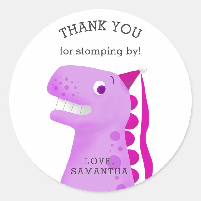 Dinosaur Birthday Party Pink Princess Thank You Classic Round Sticker (Front)